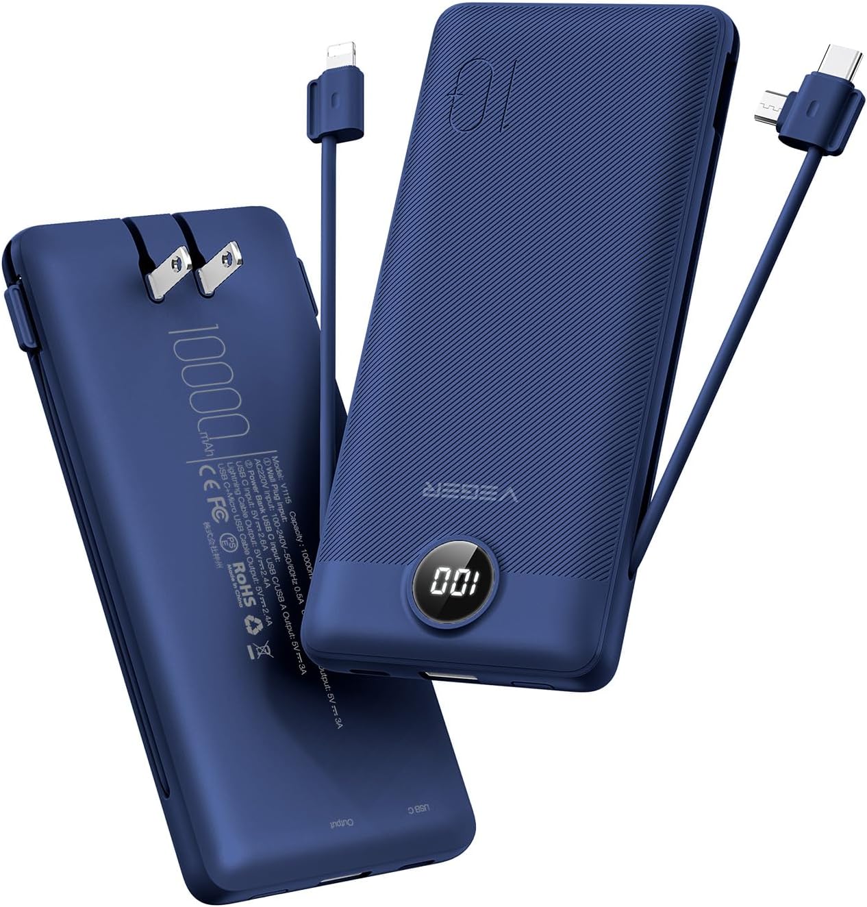 VEGER Portable Charger for iPhone with Built-in Cables and Wall Plug, Slim 10,000 mAh Fast-Charging USB-C Power Bank, Travel Essential Battery Pack Compatible with iPhone, iPad, Samsung, and More